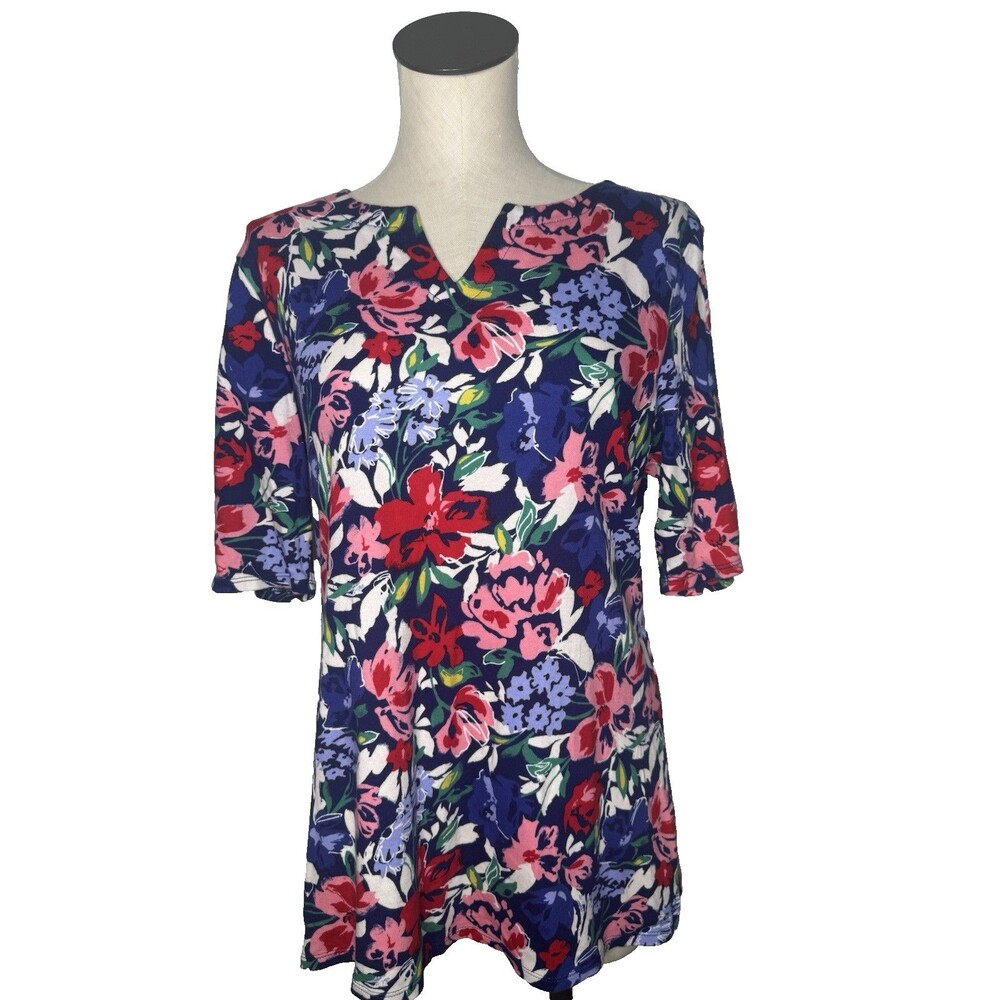 Croft Barrow V Neck Shirt Womens Large Pink Red Blue Floral Top